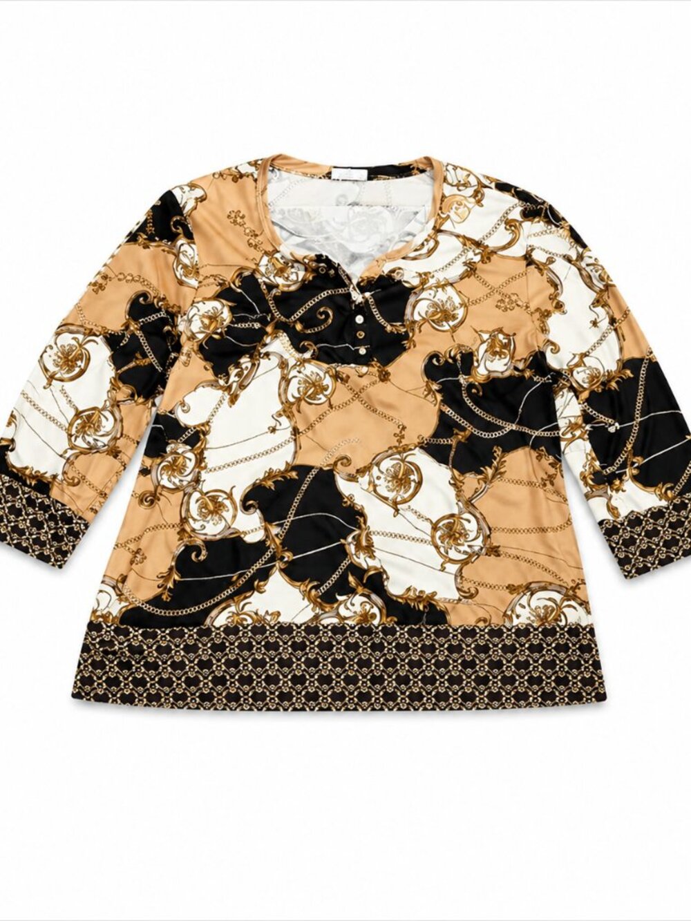 Susan Graver Liquid Knit Black Gold Cream Chic Top 3X Plus Excellent Condition